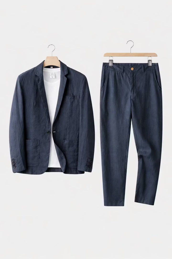 Herren Relaxed-Fit Leinen Anzug-Set Blazer und Hose - Blau