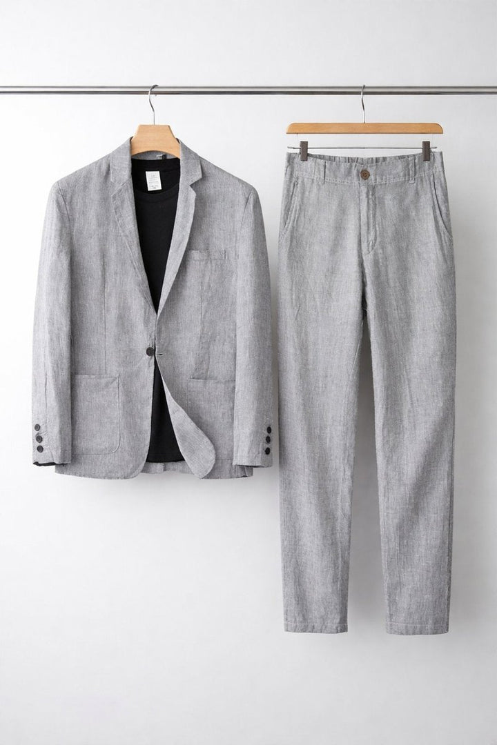 Herren Relaxed-Fit Leinen Anzug-Set Blazer und Hose - Grau