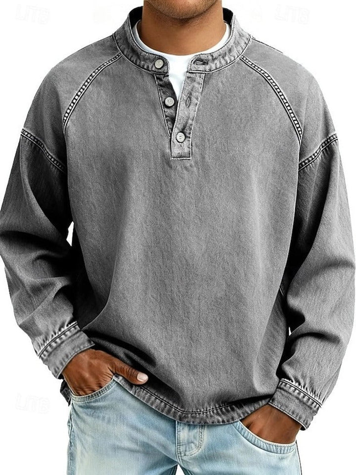 Herren Retro Henley Knit Sweater Langarm Used-Look Pullover - Grau