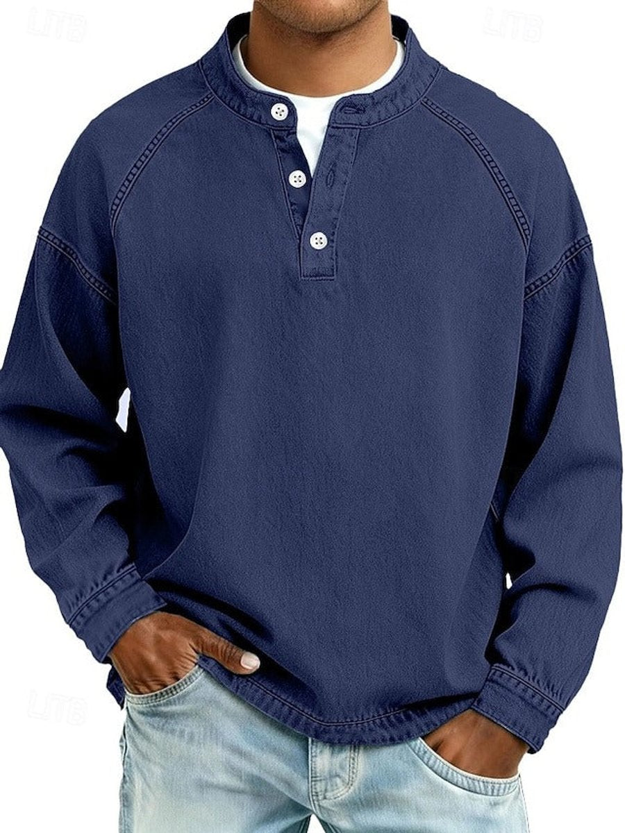 Herren Retro Henley Knit Sweater Langarm Used-Look Pullover - Königsblau