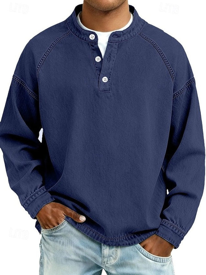 Herren Retro Henley Knit Sweater Langarm Used-Look Pullover - Königsblau