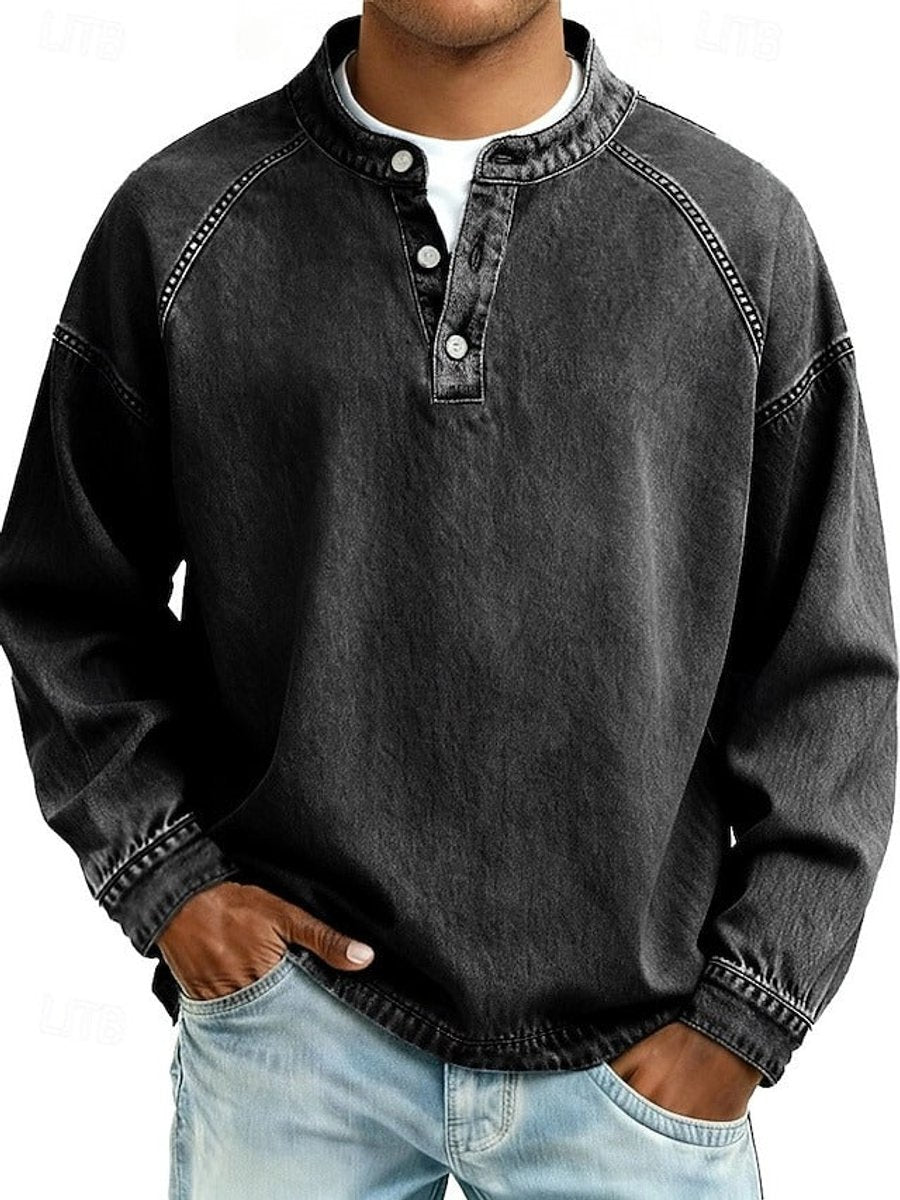 Herren Retro Henley Knit Sweater Langarm Used-Look Pullover - Schwarz