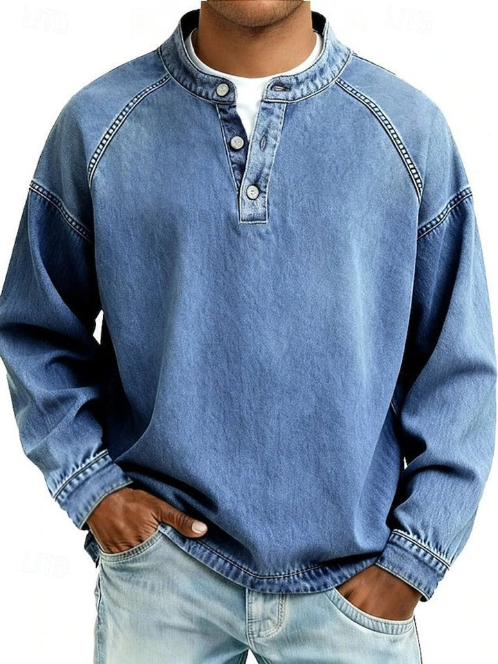 Herren Retro Henley Knit Sweater Langarm Used-Look Pullover - Hellblau