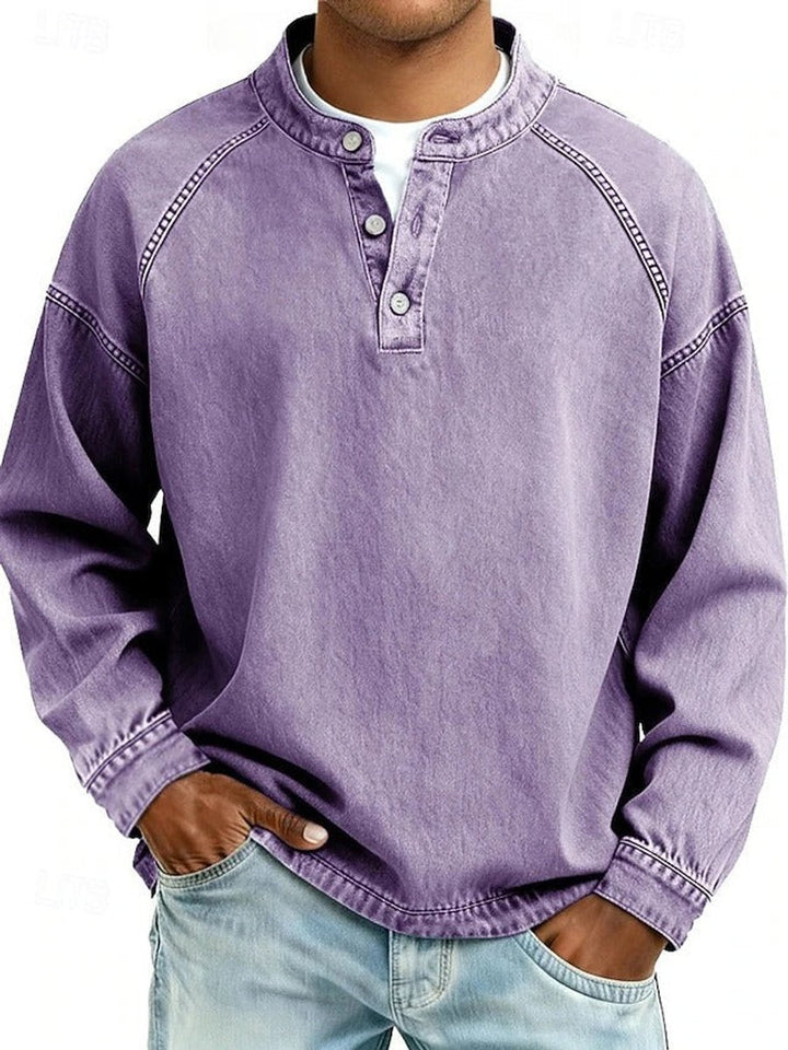Herren Retro Henley Knit Sweater Langarm Used-Look Pullover - Lila