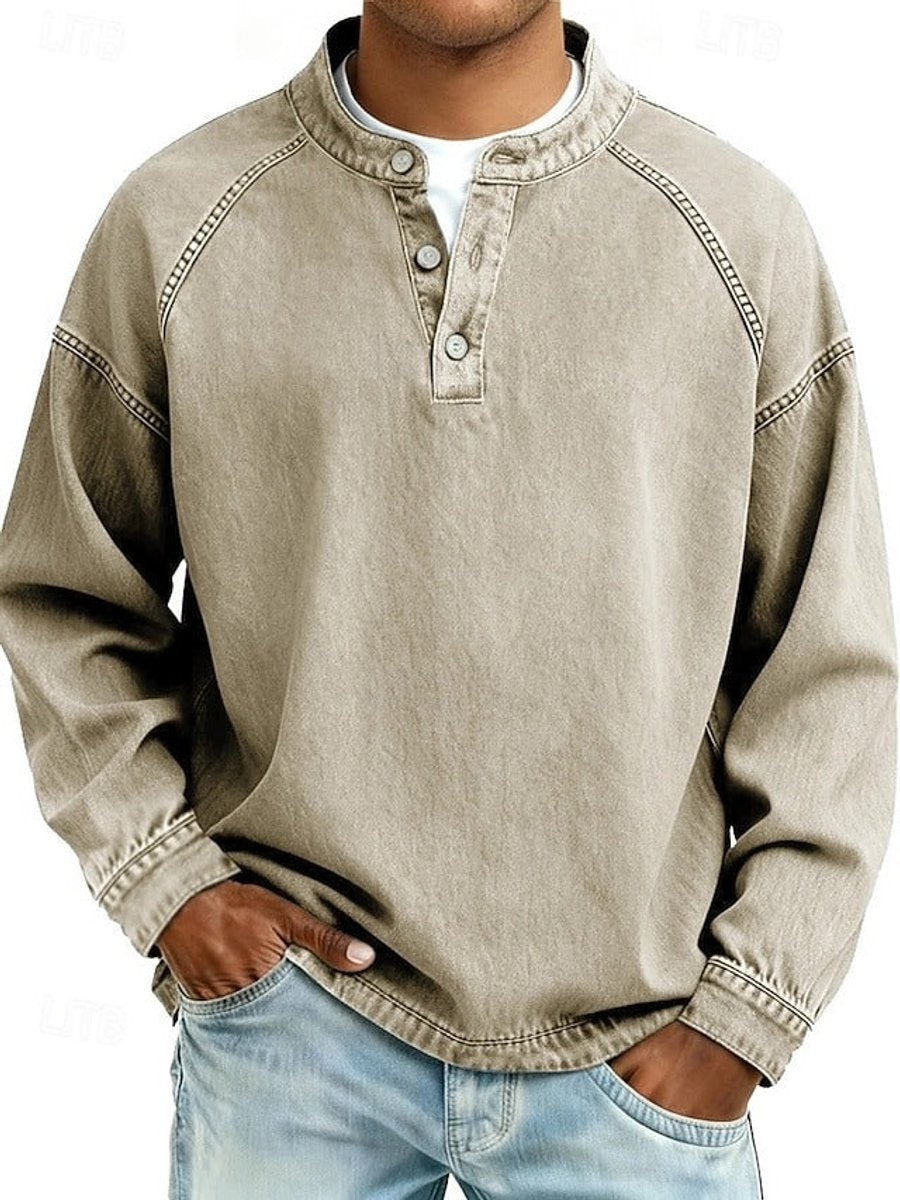 Herren Retro Henley Knit Sweater Langarm Used-Look Pullover - Khaki