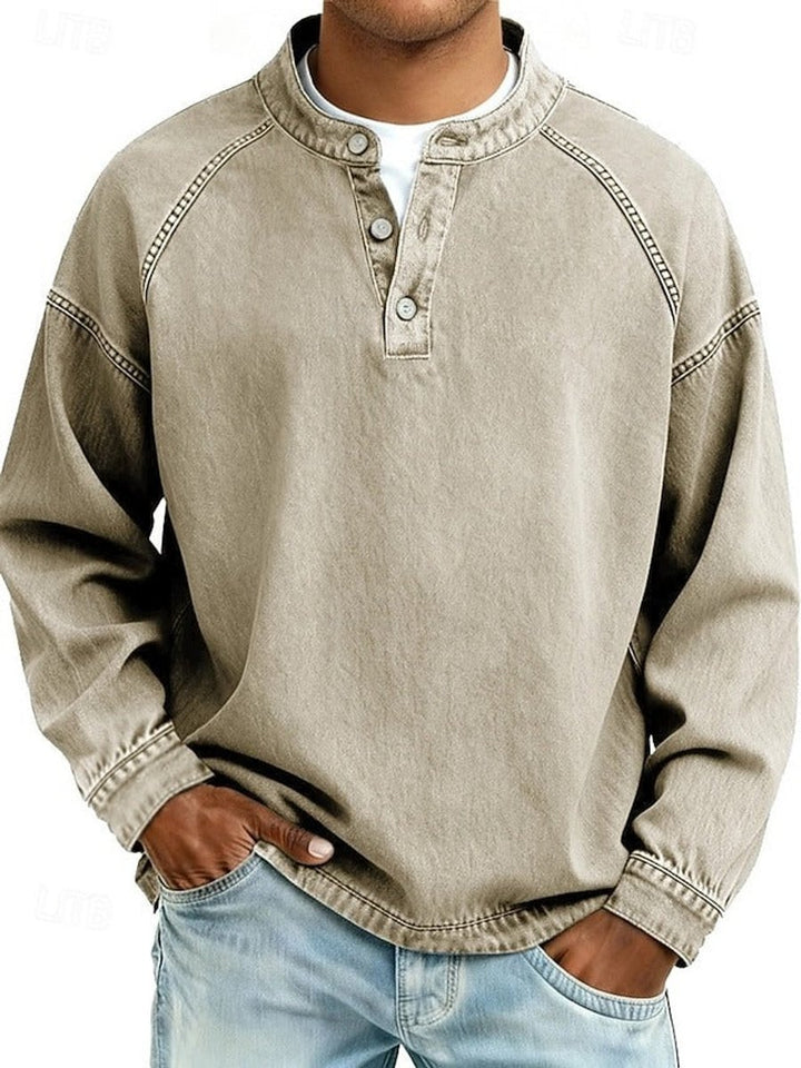 Herren Retro Henley Knit Sweater Langarm Used-Look Pullover - Khaki