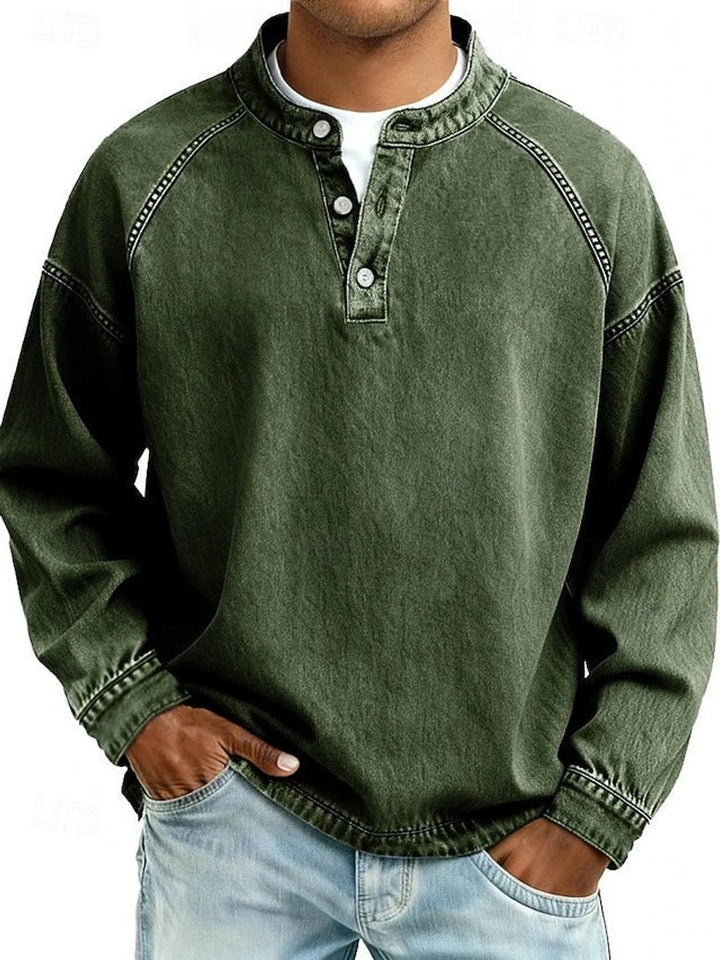 Herren Retro Henley Knit Sweater Langarm Used-Look Pullover - Dunkelgrün