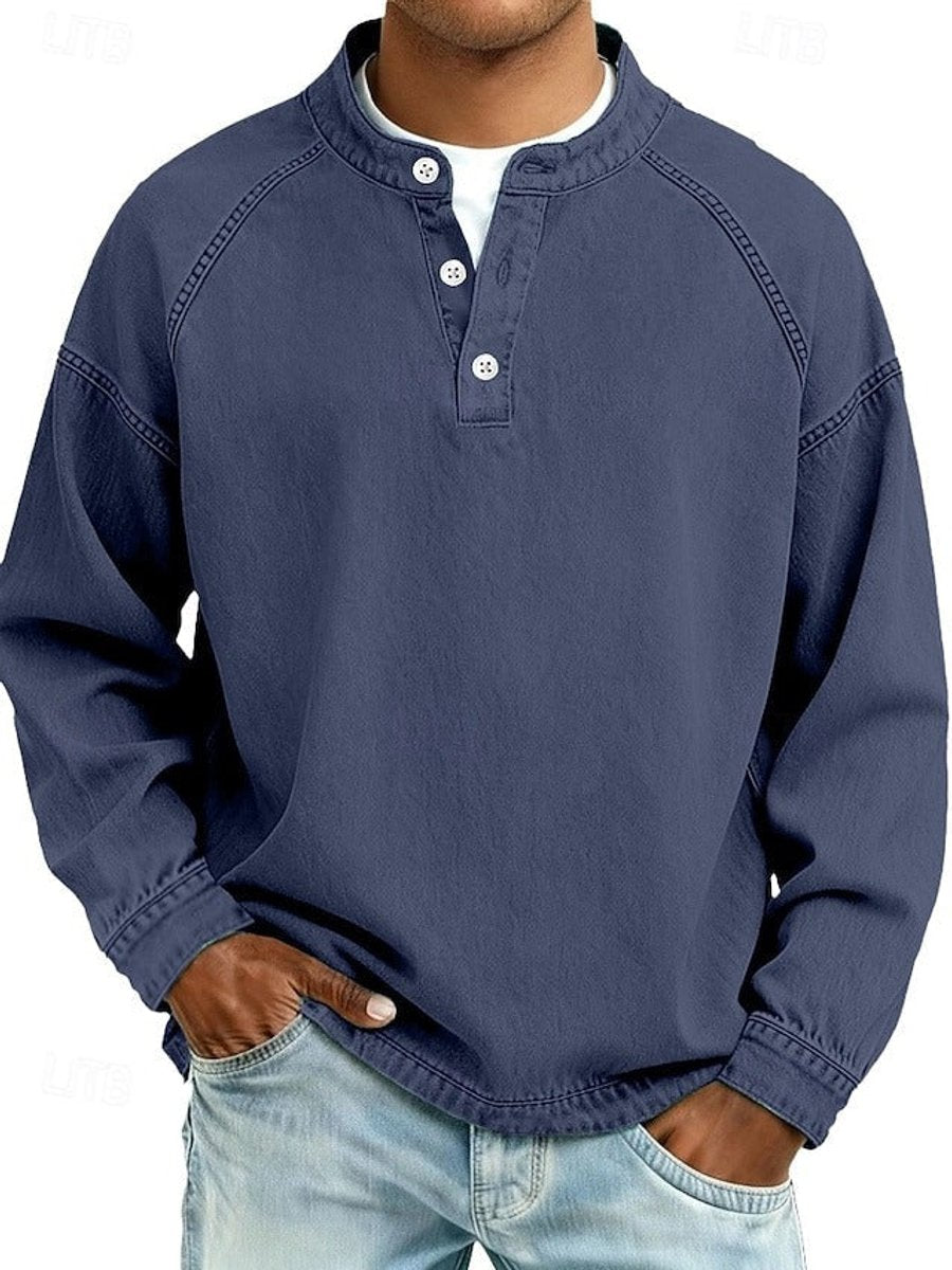 Herren Retro Henley Knit Sweater Langarm Used-Look Pullover - Dunkelblau