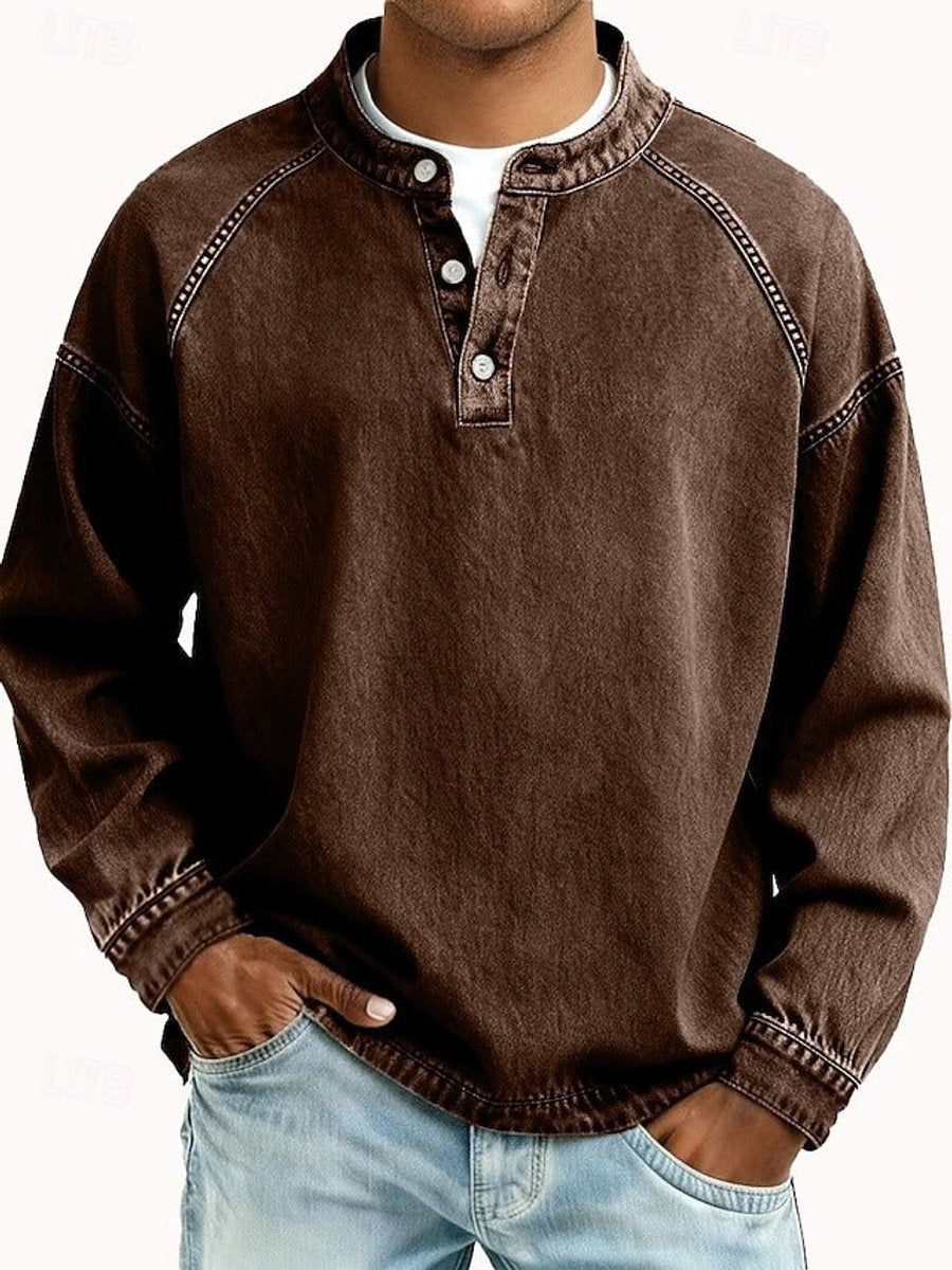 Herren Retro Henley Knit Sweater Langarm Used-Look Pullover - Braun