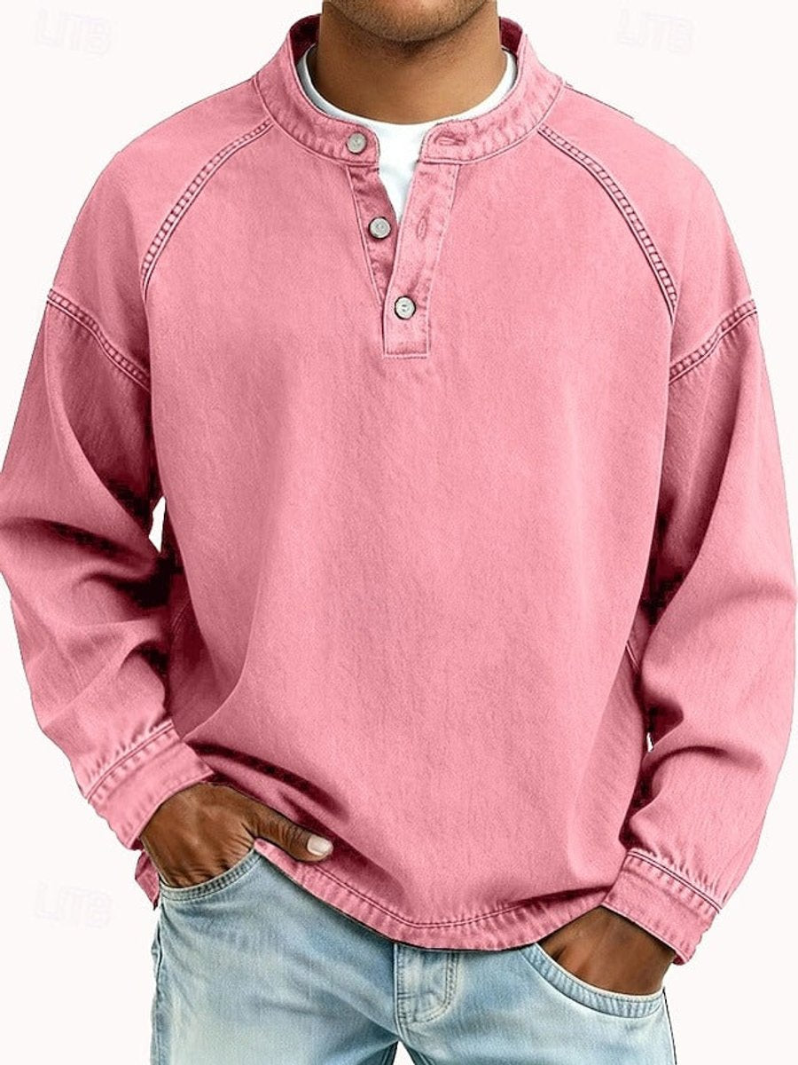 Herren Retro Henley Knit Sweater Langarm Used-Look Pullover - Pink