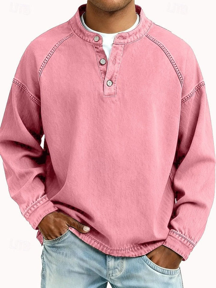 Herren Retro Henley Knit Sweater Langarm Used-Look Pullover - Pink