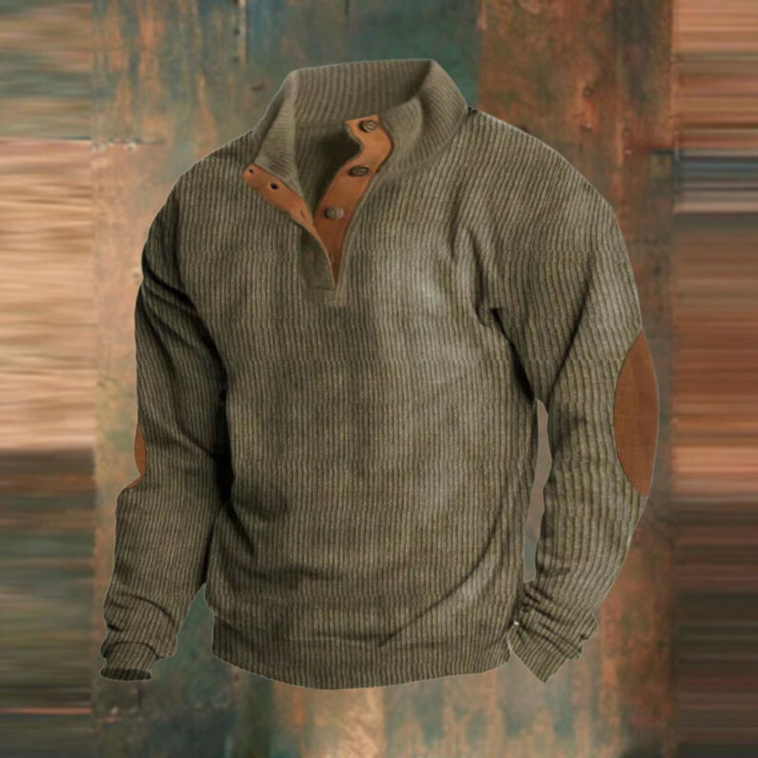 Herren Retro Rippstrick Pullover mit Knopfkragen und Ellbogenpatches - Grün