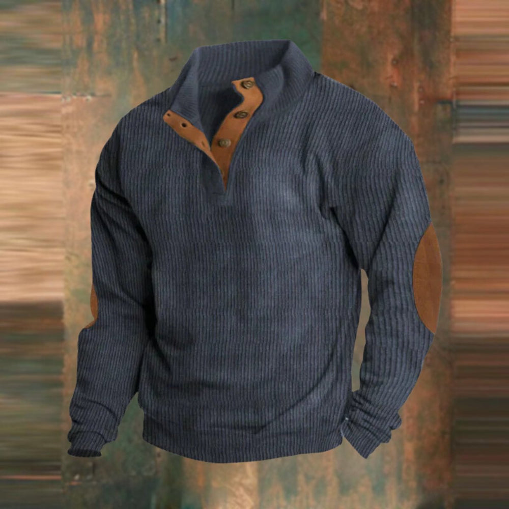 Herren Retro Rippstrick Pullover mit Knopfkragen und Ellbogenpatches - Marineblau