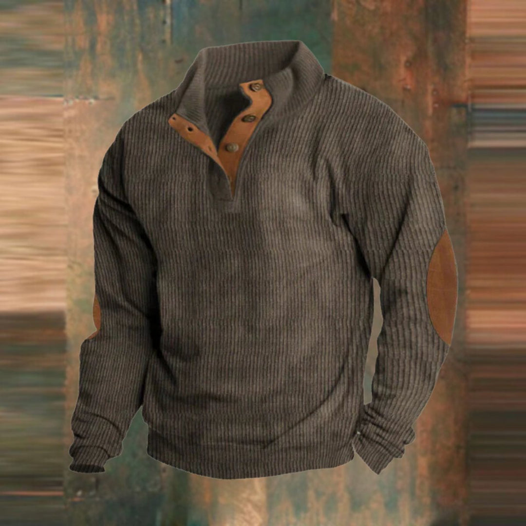 Herren Retro Rippstrick Pullover mit Knopfkragen und Ellbogenpatches - Braun