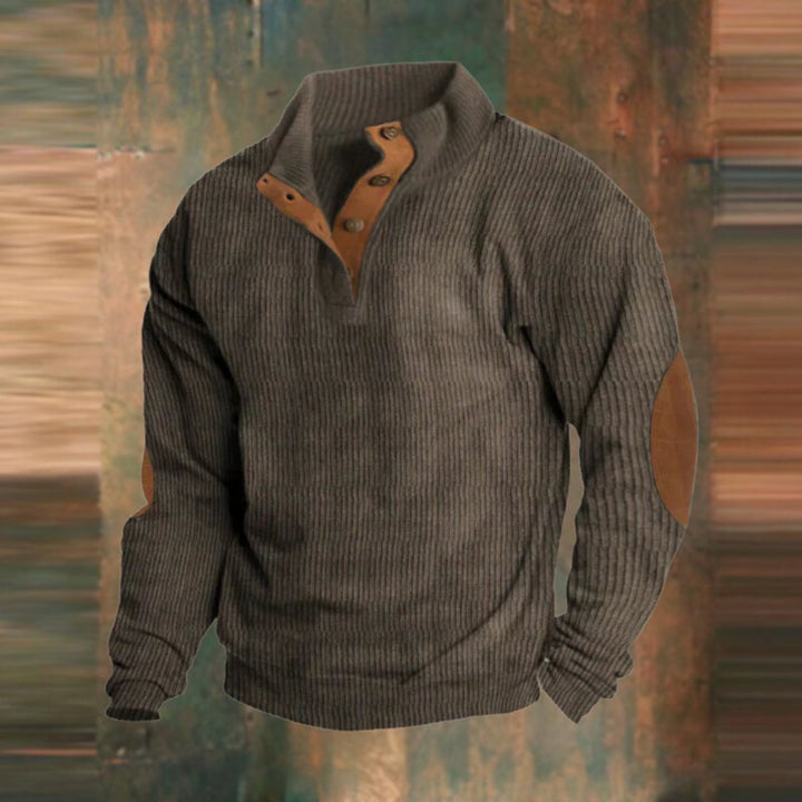 Herren Retro Rippstrick Pullover mit Knopfkragen und Ellbogenpatches - Braun
