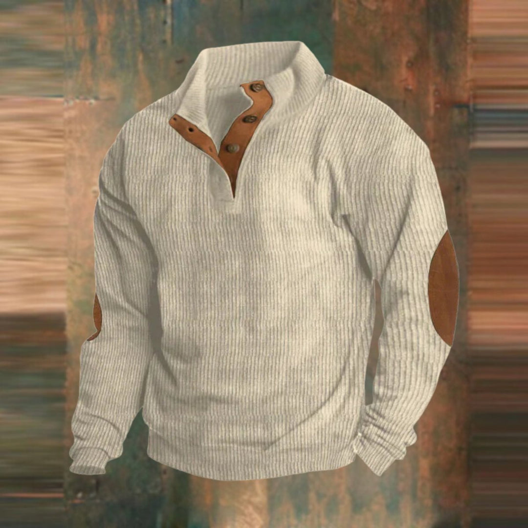 Herren Retro Rippstrick Pullover mit Knopfkragen und Ellbogenpatches - Beige