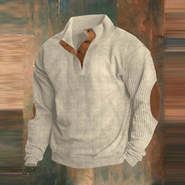 Herren Retro Rippstrick Pullover mit Knopfkragen und Ellbogenpatches - Beige