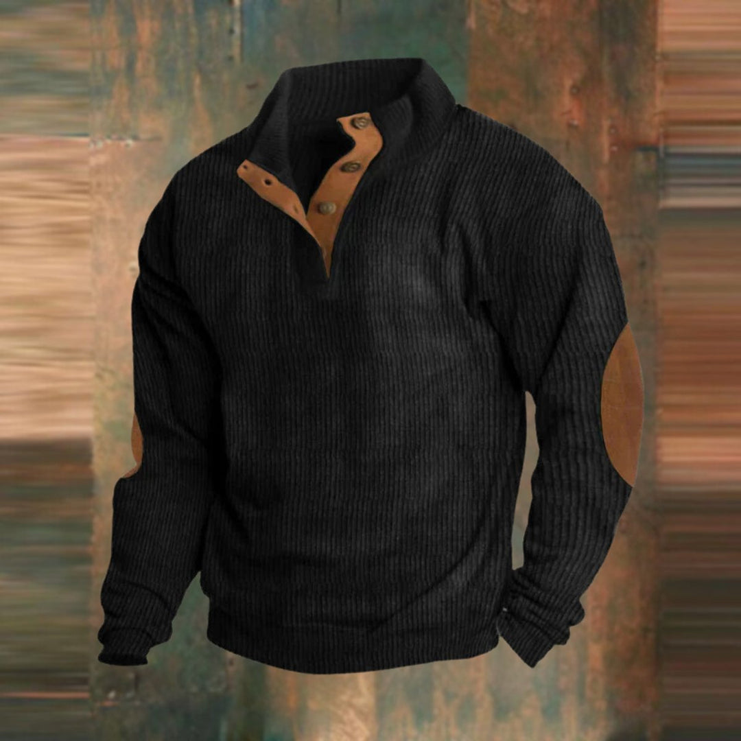 Herren Retro Rippstrick Pullover mit Knopfkragen und Ellbogenpatches - Schwarz