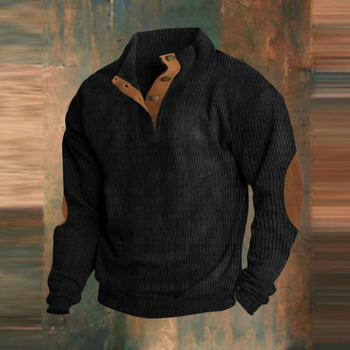 Herren Retro Rippstrick Pullover mit Knopfkragen und Ellbogenpatches - Schwarz
