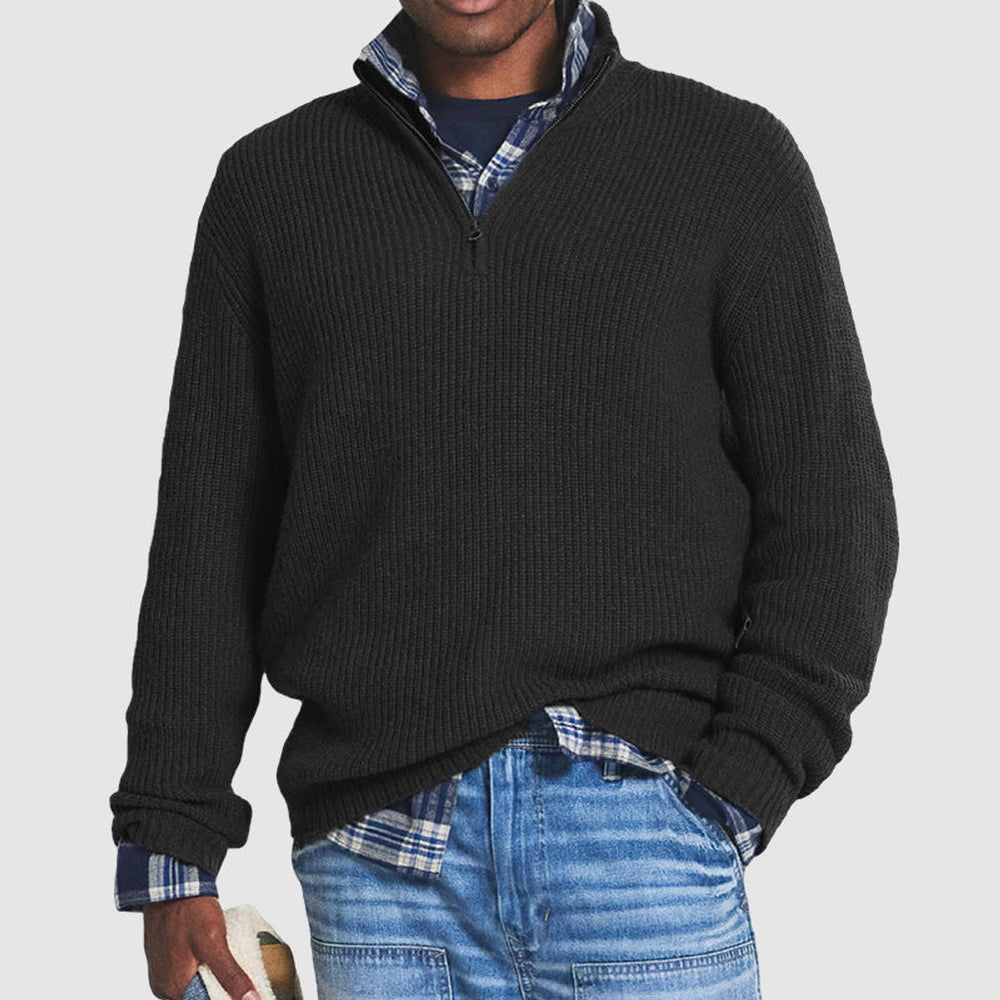 Herren Rippstrick Quarter-Zip Knit Sweater Business Casual Pullover - Schwarz