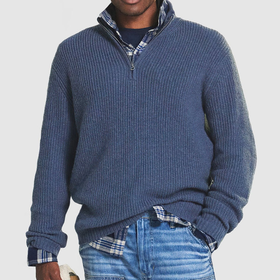 Herren Rippstrick Quarter-Zip Knit Sweater Business Casual Pullover - Blau