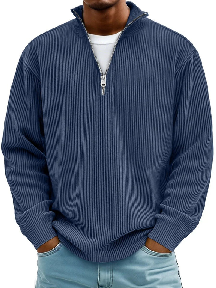 Herren Rippstrick Quarter-Zip Pullover Sweater mit Stehkragen - Marineblau