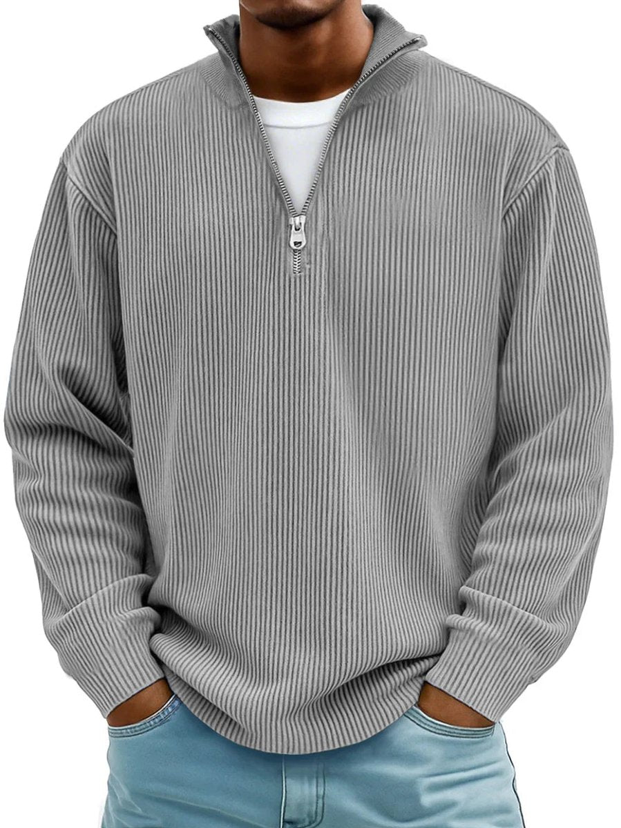 Herren Rippstrick Quarter-Zip Pullover Sweater mit Stehkragen - Grau