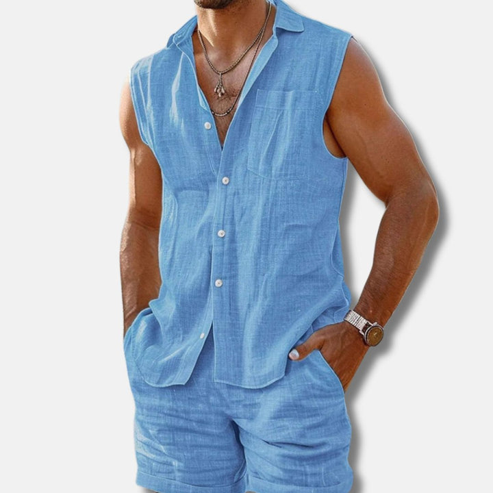 Herren Ärmelloses Leinenoptik-Hemd-Shorts-Set Regular Fit - Sky Blue
