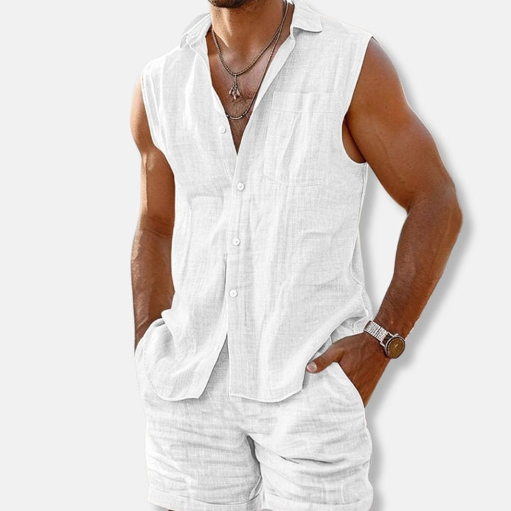 Herren Ärmelloses Leinenoptik-Hemd-Shorts-Set Regular Fit - White