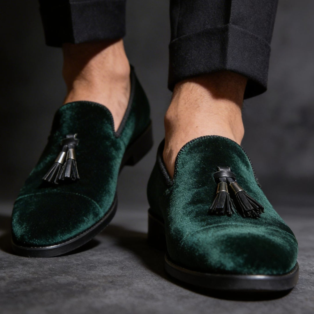 Herren Samt Quasten Loafer Eleganter Slip-On Schuh - Grün