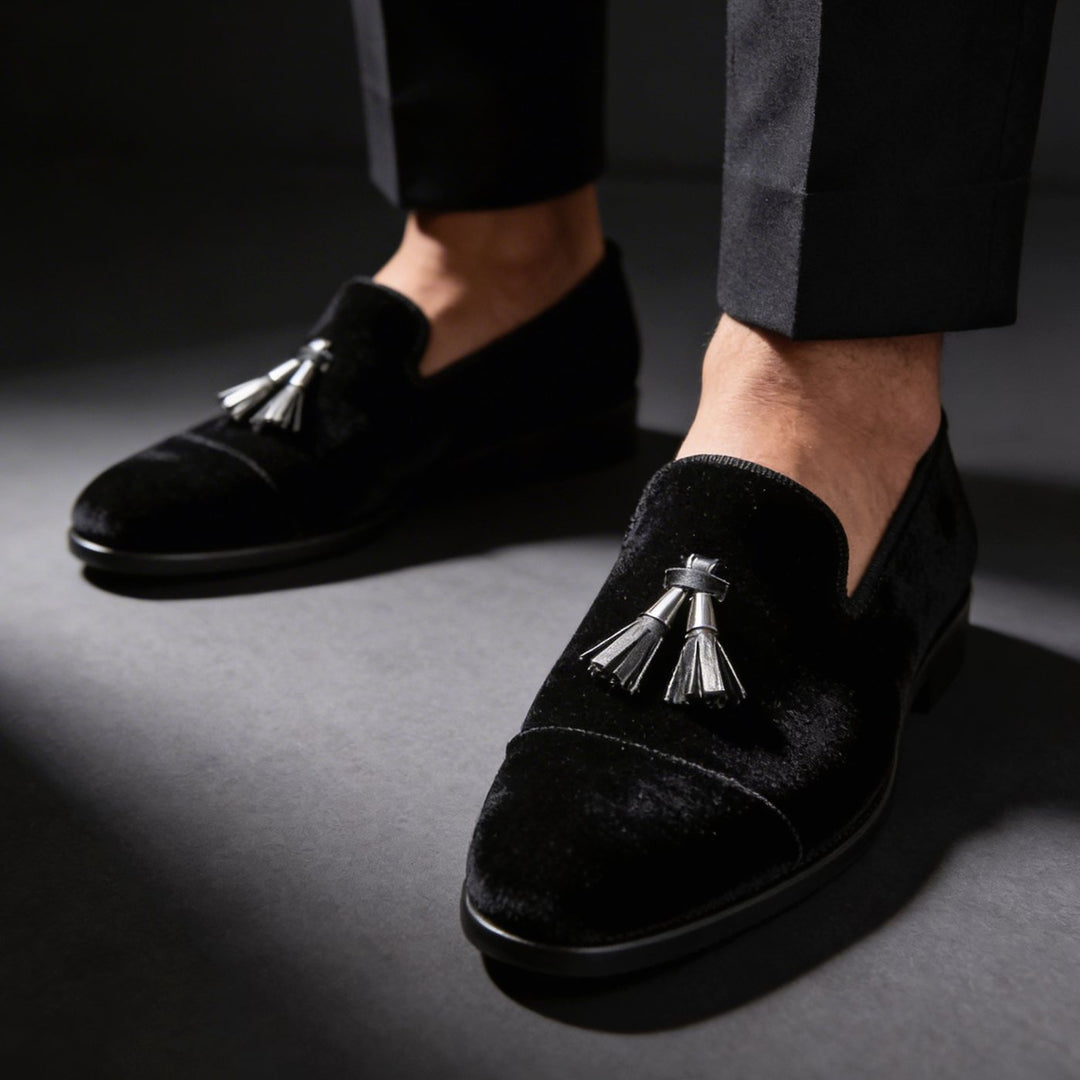 Herren Samt Quasten Loafer Eleganter Slip-On Schuh - Schwarz