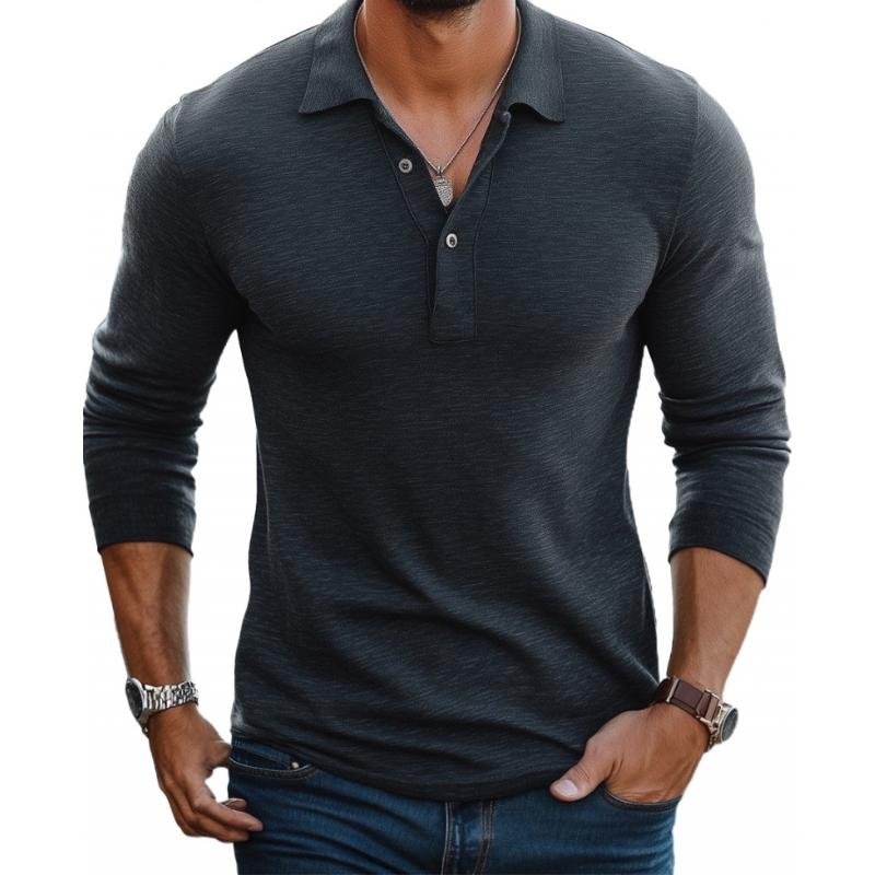 Herren Satin-Optik Langarm Slim-Fit Polo-Shirt - Charcoal