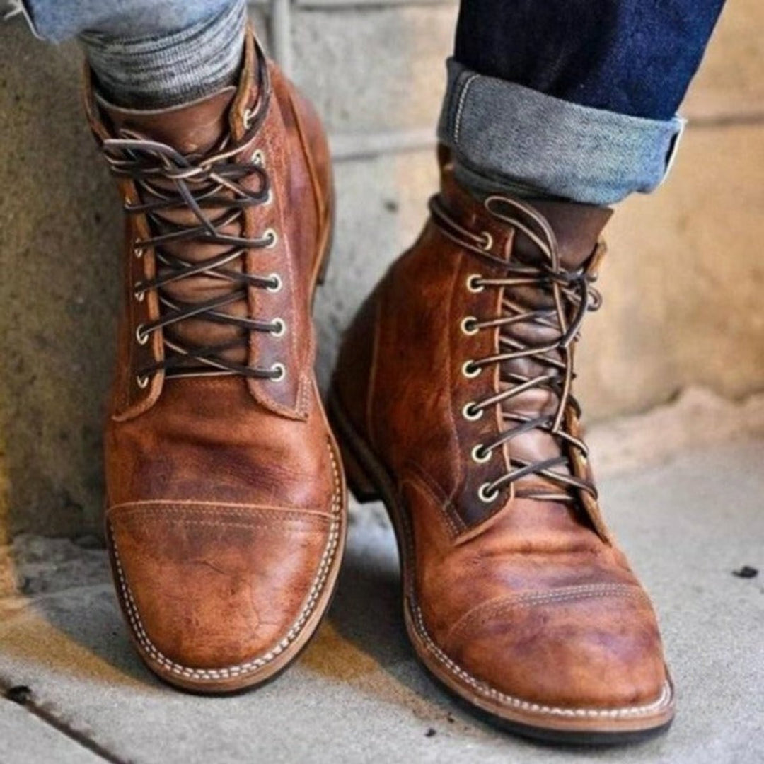 Herren Schnürstiefel Klassische Leder Boots Robuste Gummisohle - Braun
