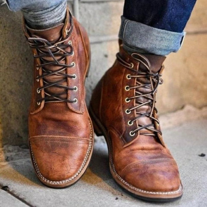 Herren Schnürstiefel Klassische Leder Boots Robuste Gummisohle - Braun