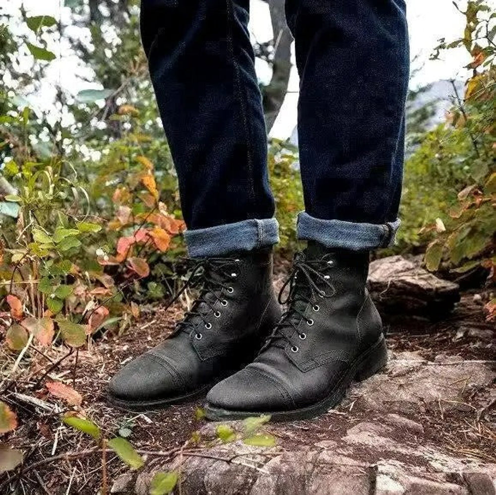 Herren Schnürstiefel Klassische Leder Boots Robuste Gummisohle - Schwarz