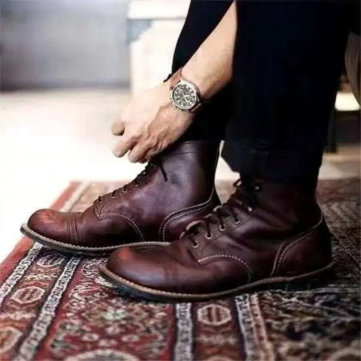 Herren Schnürstiefel Klassische Leder Boots Robuste Gummisohle - Dunkelbraun