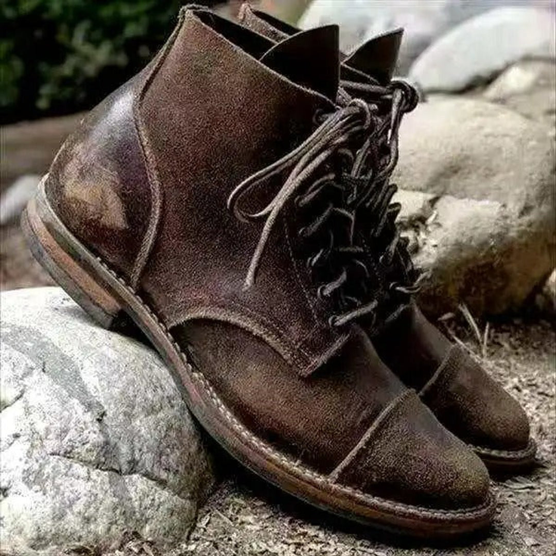 Herren Schnürstiefel Klassische Leder Boots Robuste Gummisohle - Khaki