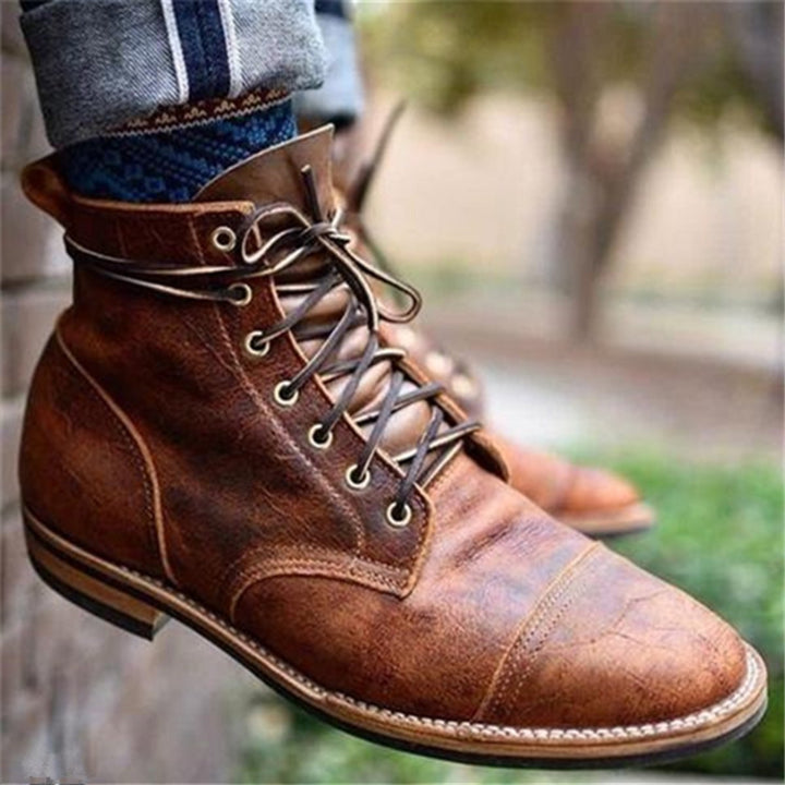 Herren Schnürstiefel Klassische Leder Boots Robuste Gummisohle