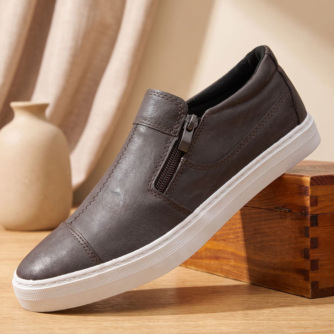 Herren Schuhe Leder Slipper mit Reißverschluss Low-Top Sneaker - Dunkelbraun