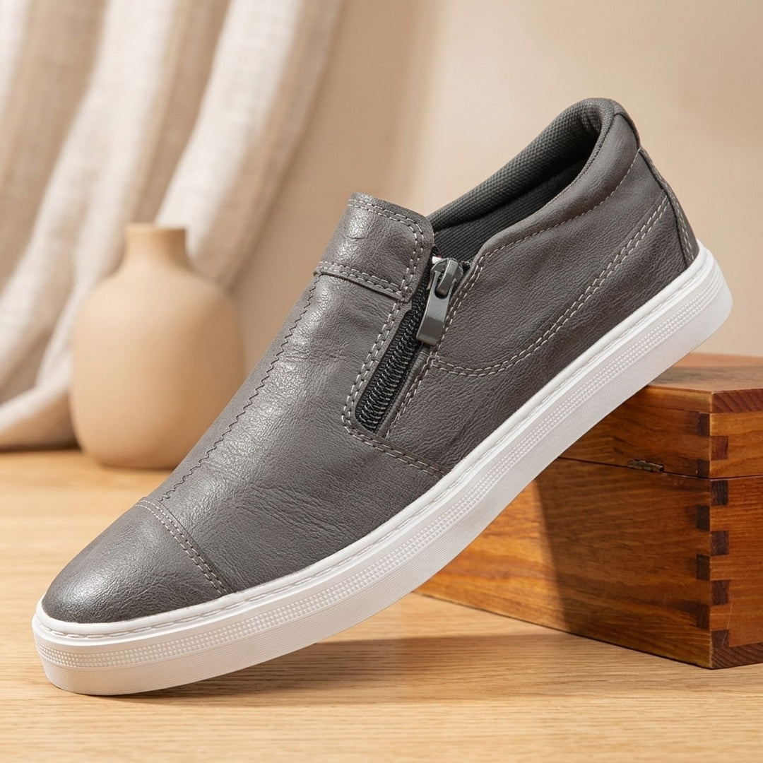 Herren Schuhe Leder Slipper mit Reißverschluss Low-Top Sneaker - Dunkelgrau