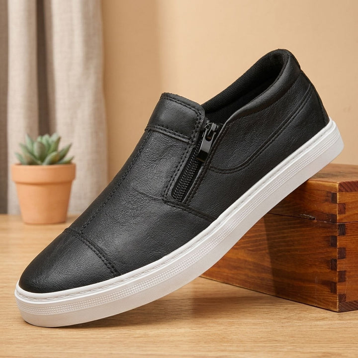 Herren Schuhe Leder Slipper mit Reißverschluss Low-Top Sneaker - Schwarz