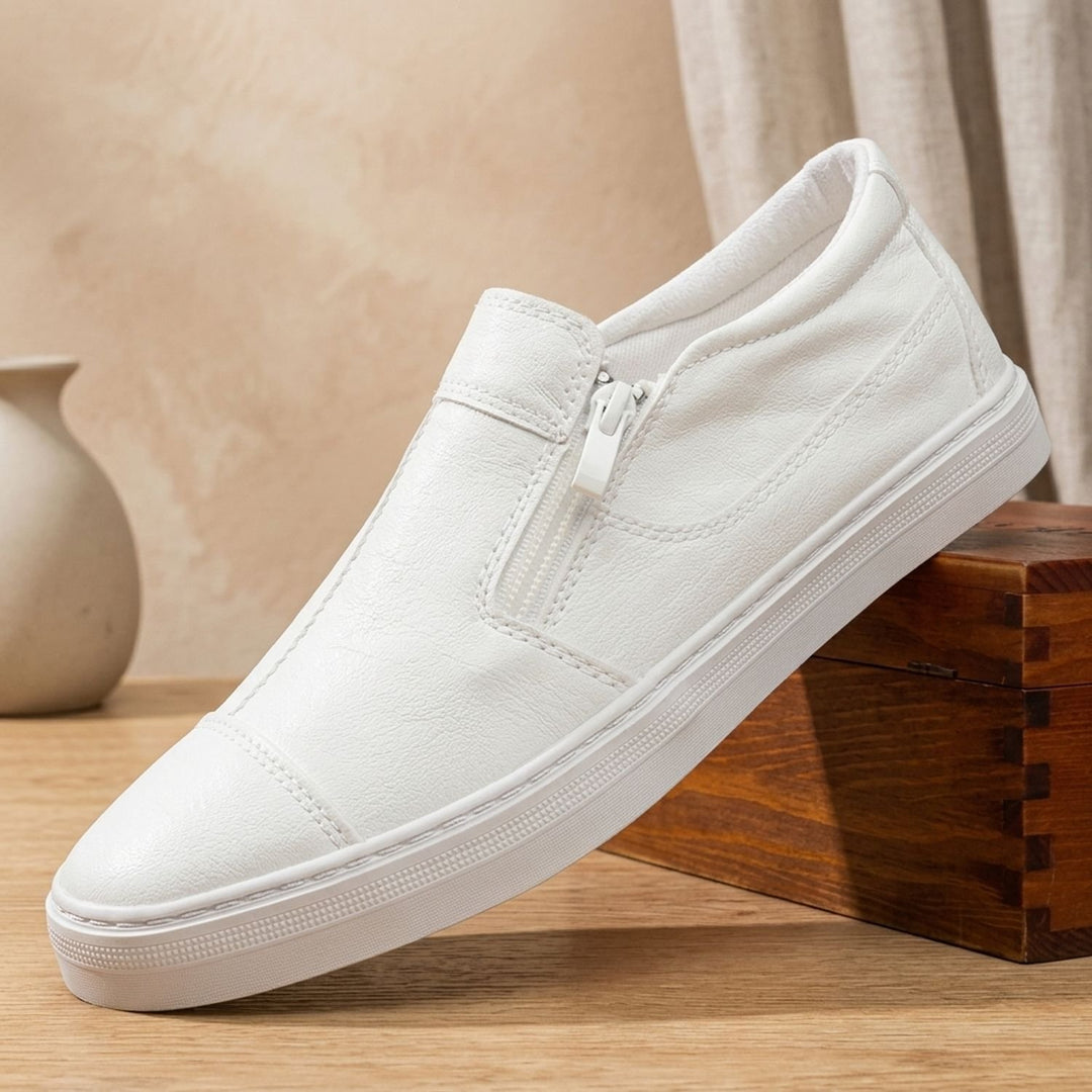Herren Schuhe Leder Slipper mit Reißverschluss Low-Top Sneaker - Weiß