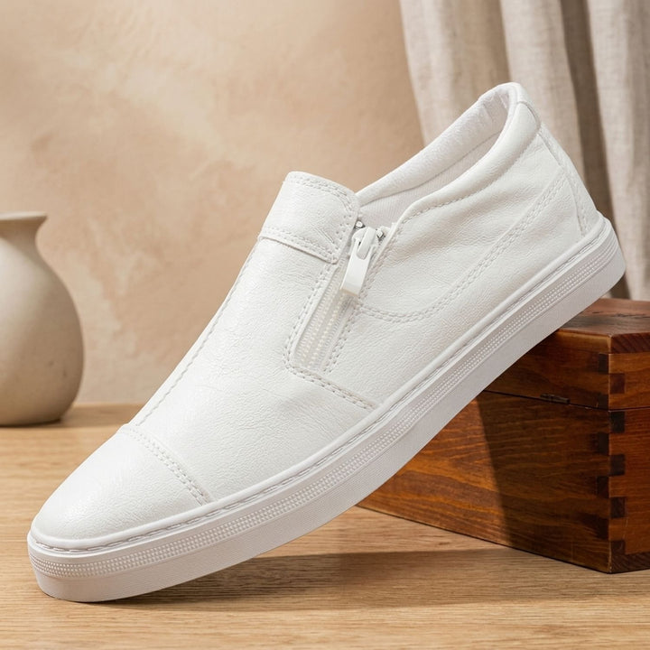 Herren Schuhe Leder Slipper mit Reißverschluss Low-Top Sneaker - Weiß