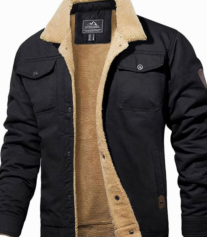 Herren Sherpa-Gefütterte Militär-Cargo-Jacke mit Druckknöpfen - Schwarz