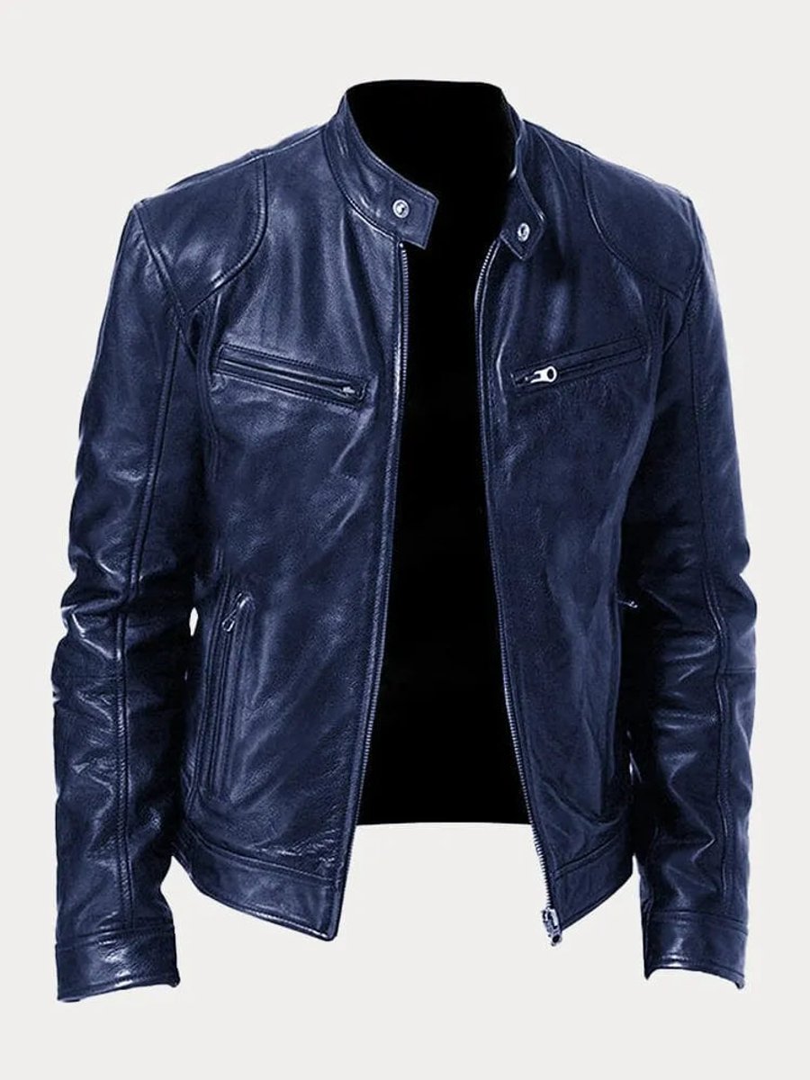 Herren Slim-Fit Biker Quilted Jacket aus Kunstleder mit Reißverschluss - Dunkelblau