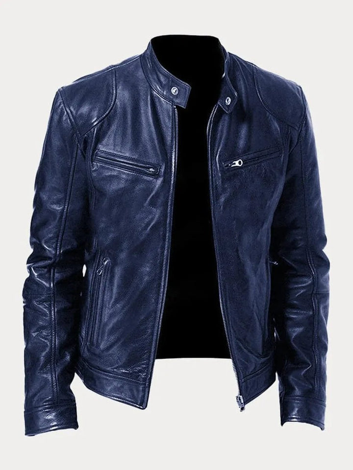 Herren Slim-Fit Biker Quilted Jacket aus Kunstleder mit Reißverschluss - Dunkelblau