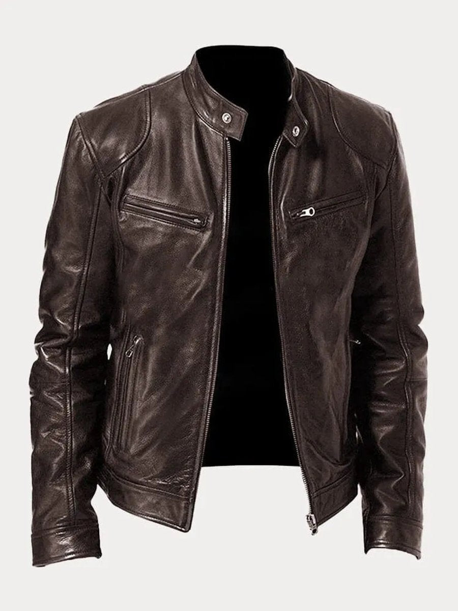 Herren Slim-Fit Biker Quilted Jacket aus Kunstleder mit Reißverschluss - Braun