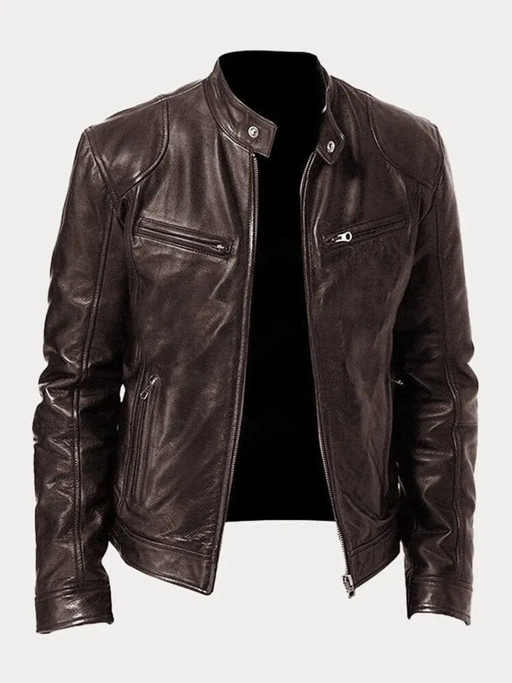 Herren Slim-Fit Biker Quilted Jacket aus Kunstleder mit Reißverschluss - Braun