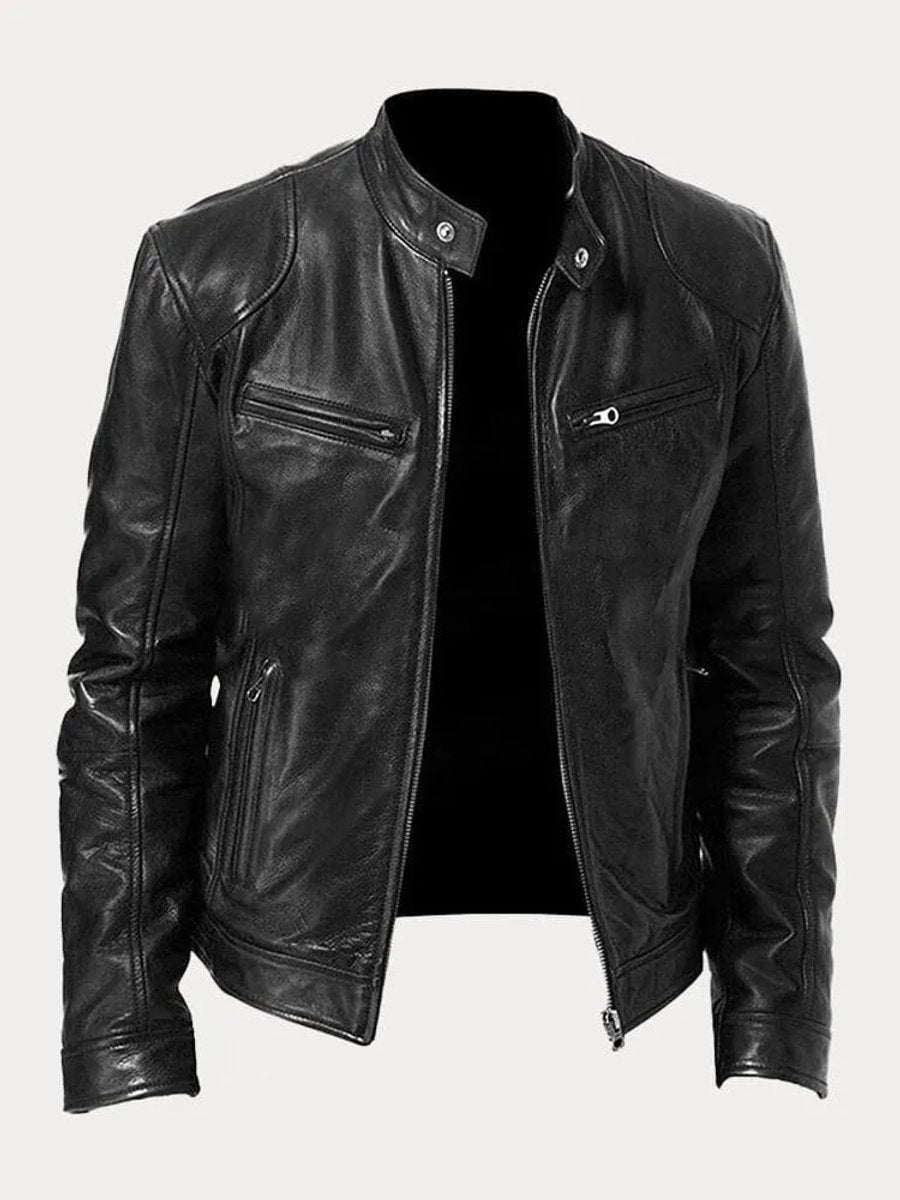 Herren Slim-Fit Biker Quilted Jacket aus Kunstleder mit Reißverschluss - Schwarz