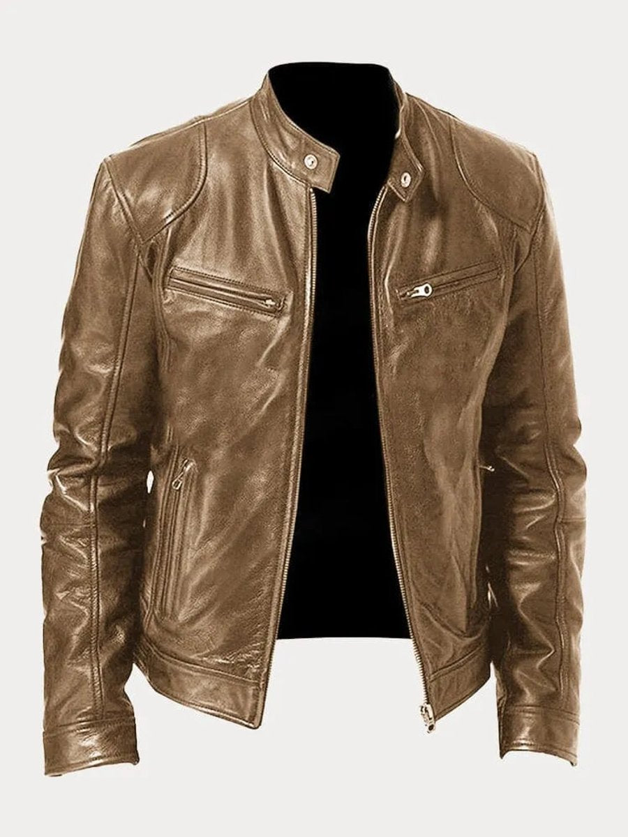 Herren Slim-Fit Biker Quilted Jacket aus Kunstleder mit Reißverschluss - Khaki